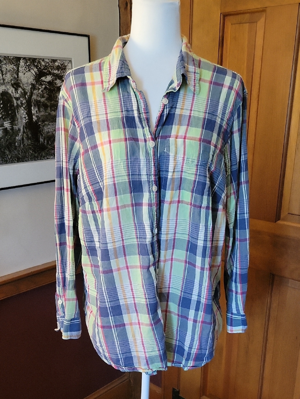 CHAPS Women's Colorful Blue and Green Plaid Cotton Gauze Button-Up Shirt - Picture 2 of 7